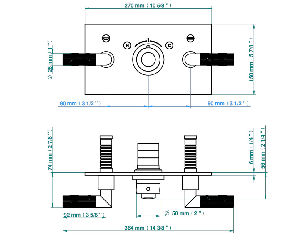Set de finition THG pour douche thermostatique à encastrer avec deux robinets d'arrêt pour installation horizontale à 2 fonctions - Collection "Bambou Cristal Clair" — vue 5