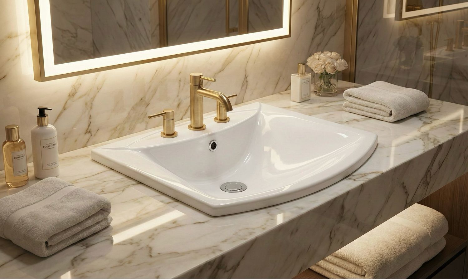 Vasque encastrable Amanda 60 cm, lavabo blanc avec robinet doré sur plan de travail en marbre.
