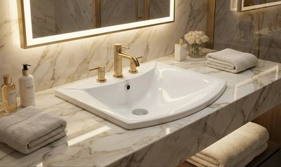 Vasque encastrable Amanda 60 cm, lavabo blanc avec robinet doré sur plan de travail en marbre.