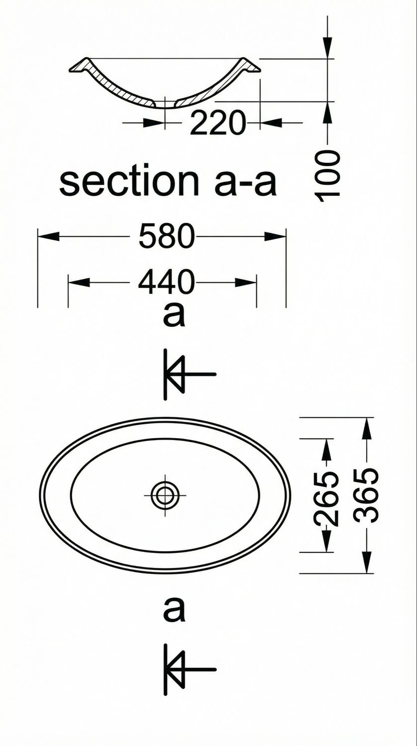 Vasque encastrable Aqua 58 cm, dimensions: 580x440mm, 265mm deep, Marbryx material, technical drawing.