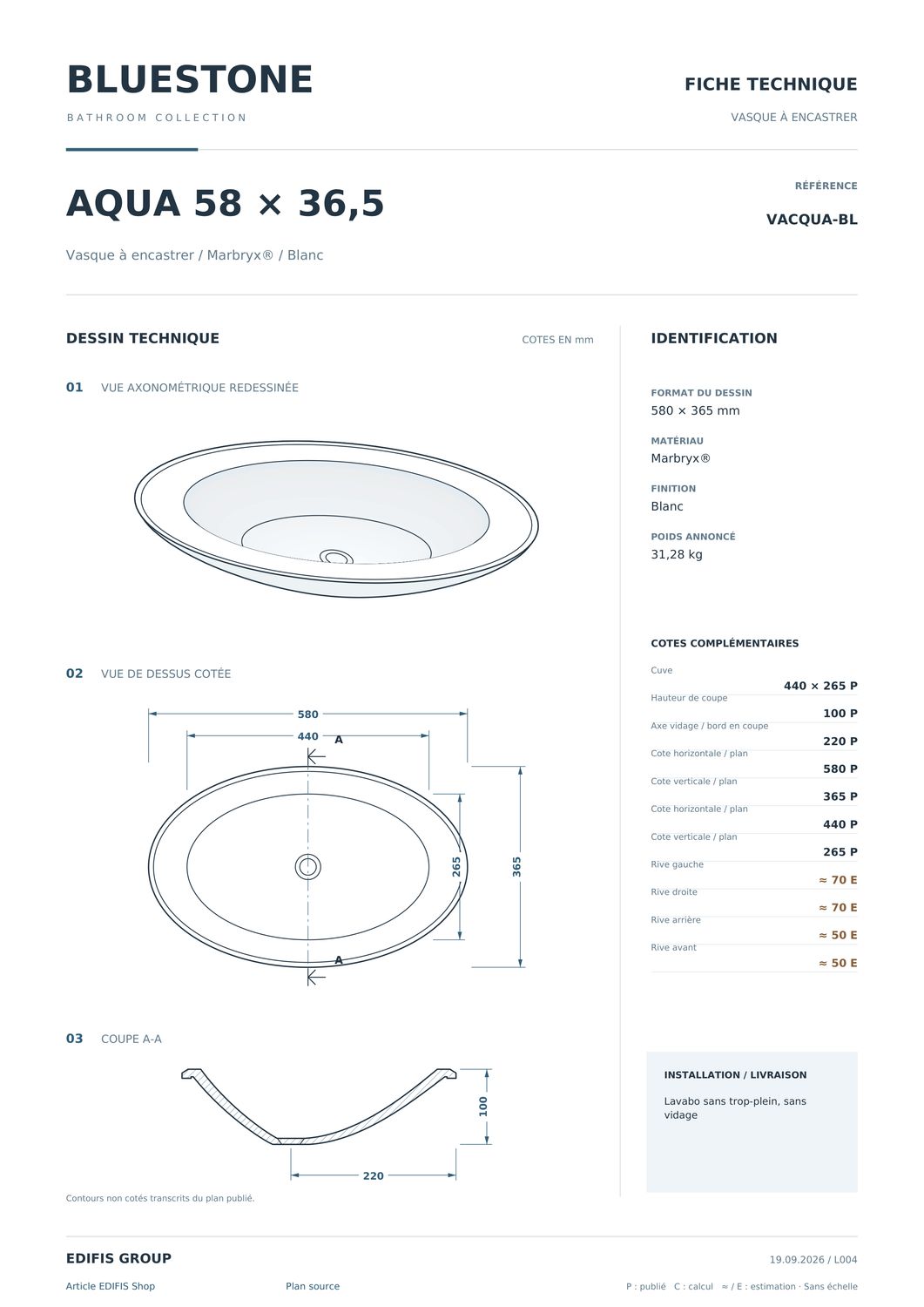 Vasque encastrable Aqua 58 cm