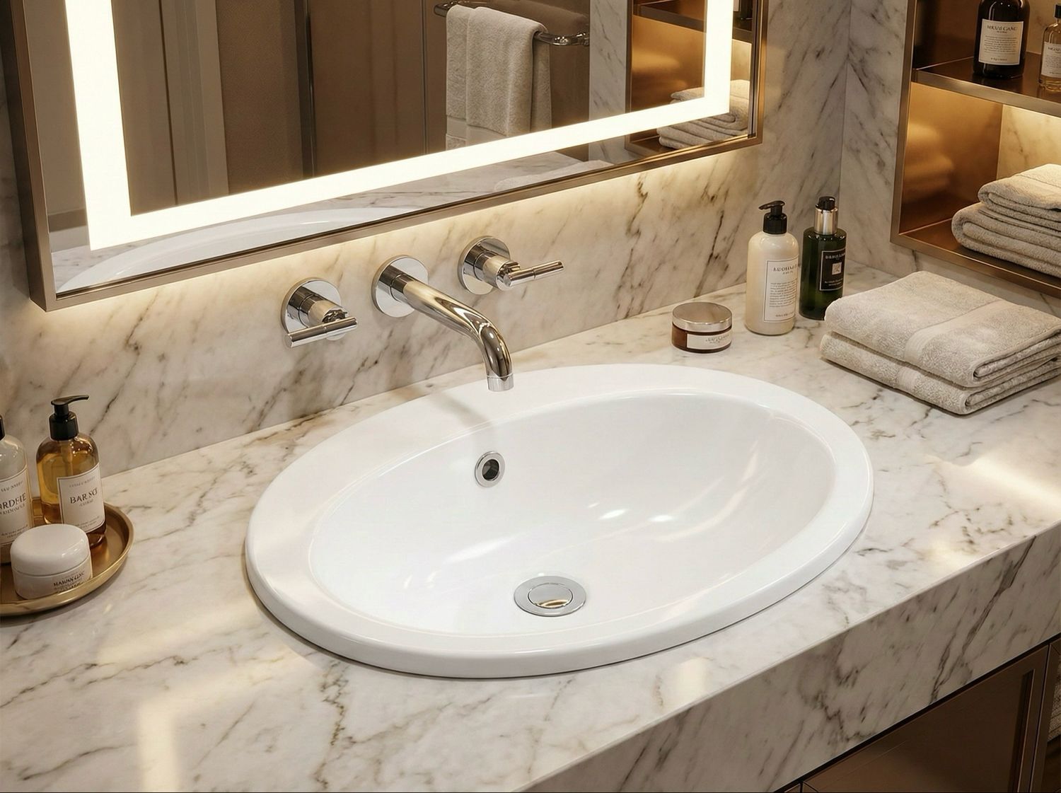 Vasque encastrable Broadway 60 cm, lavabo ovale blanc avec robinet argenté sur plan de travail en marbre.