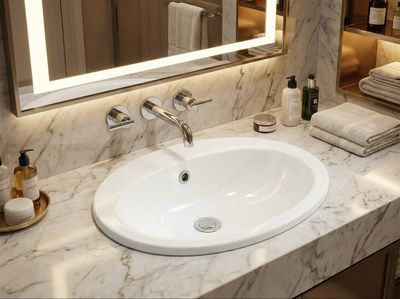 Vasque encastrable Broadway 60 cm Vasque encastrable Broadway 60 cm, lavabo ovale blanc avec robinet argenté sur plan de travail en marbre.