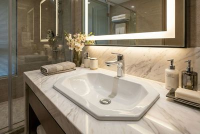 Vasque encastrable Rubis 52,5 cm Vasque encastrable Rubis 52,5 cm, lavabo blanc avec plan de travail en marbre et robinet moderne.