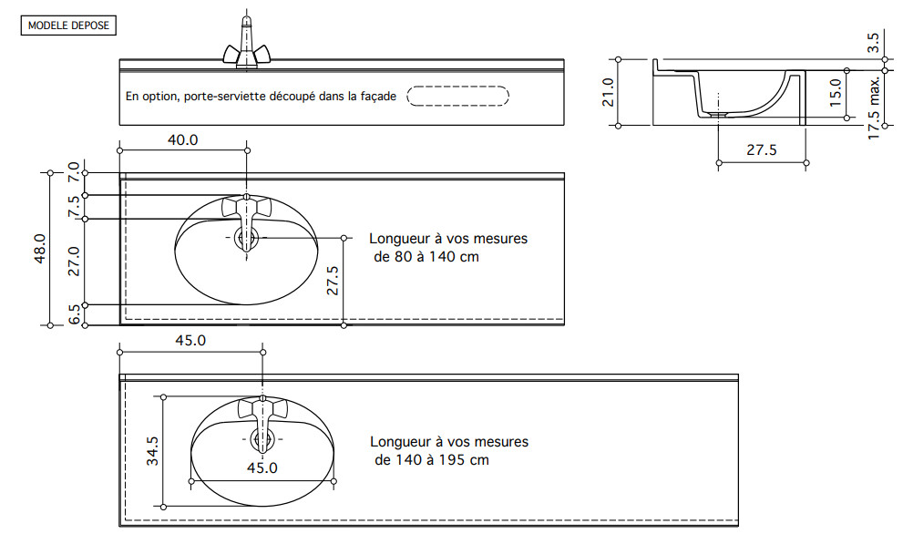 Plan-vasque Atoll 120 cm décentré — Vue produit 5