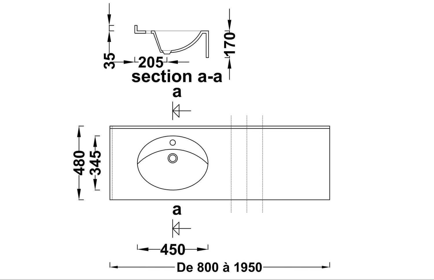 Plan-vasque Atoll 120 cm décentré — Vue produit 4
