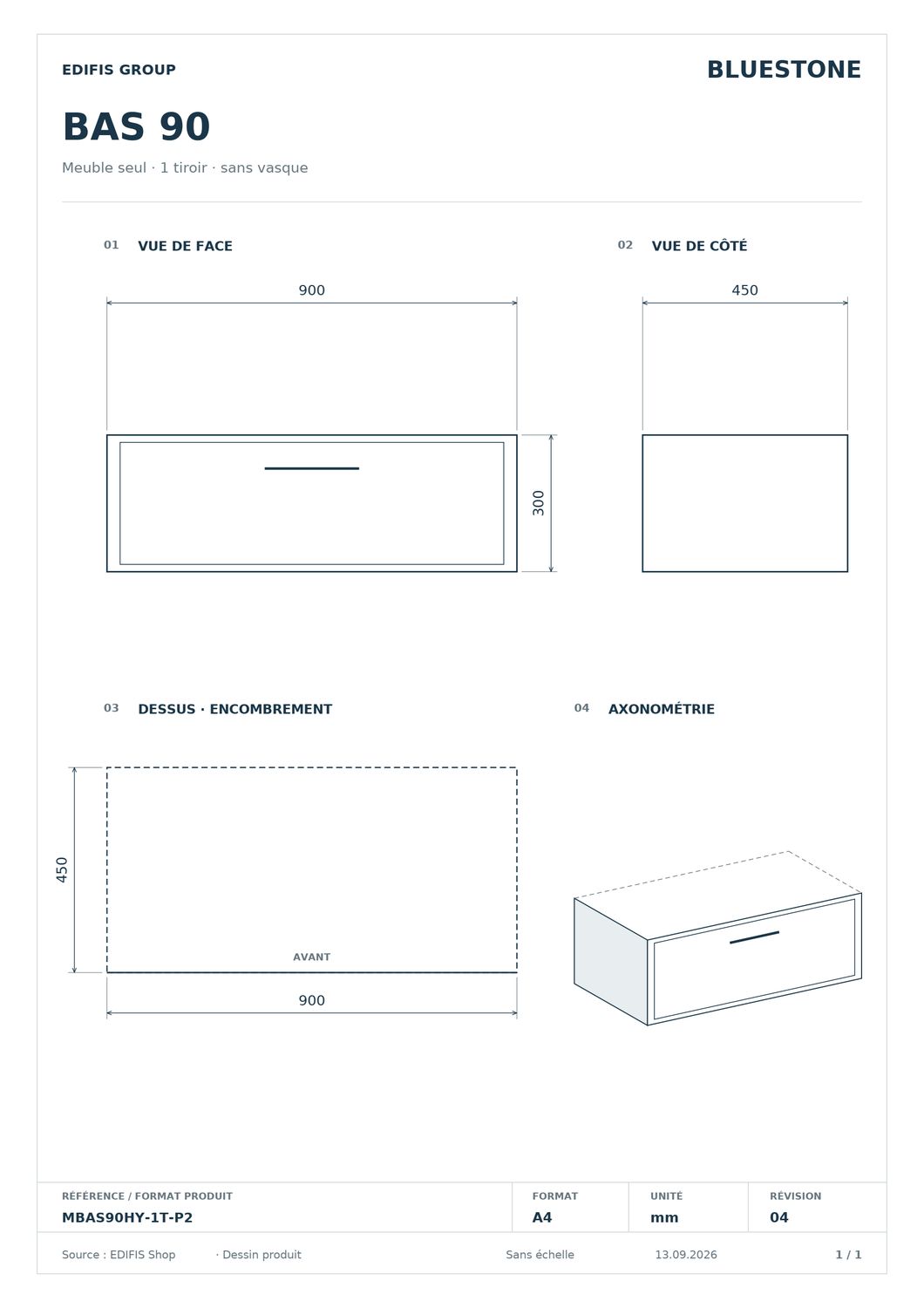 Meuble bas suspendu 90 cm pour salle de bain (sans vasque) — vue 5
