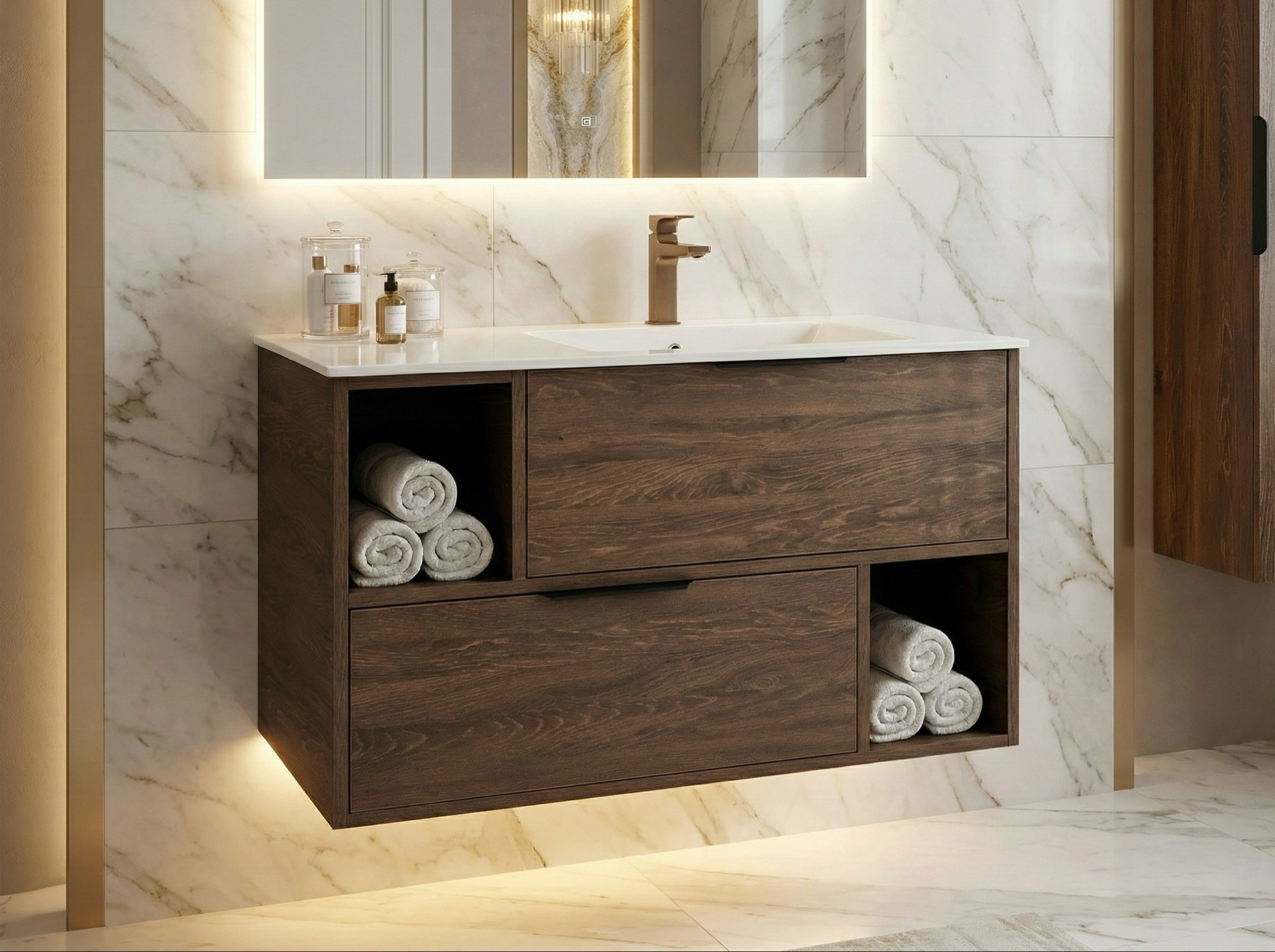 Meuble de salle de bains Spazio 100 cm à deux tiroirs et niches (sans vasque) - vue 3