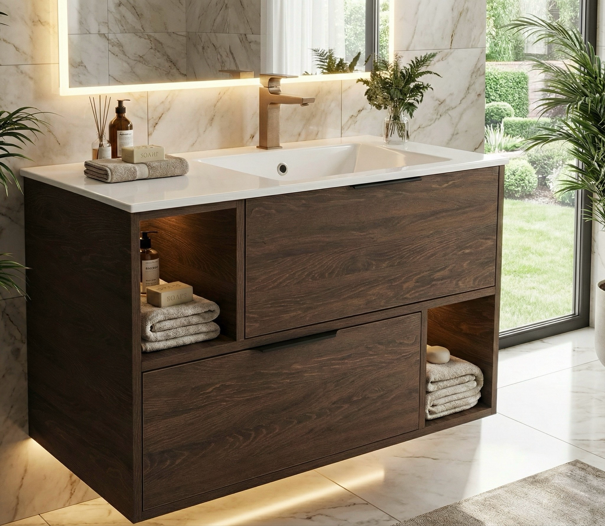 Meuble de salle de bains Spazio 100 cm à deux tiroirs et niches (sans vasque) - vue 2
