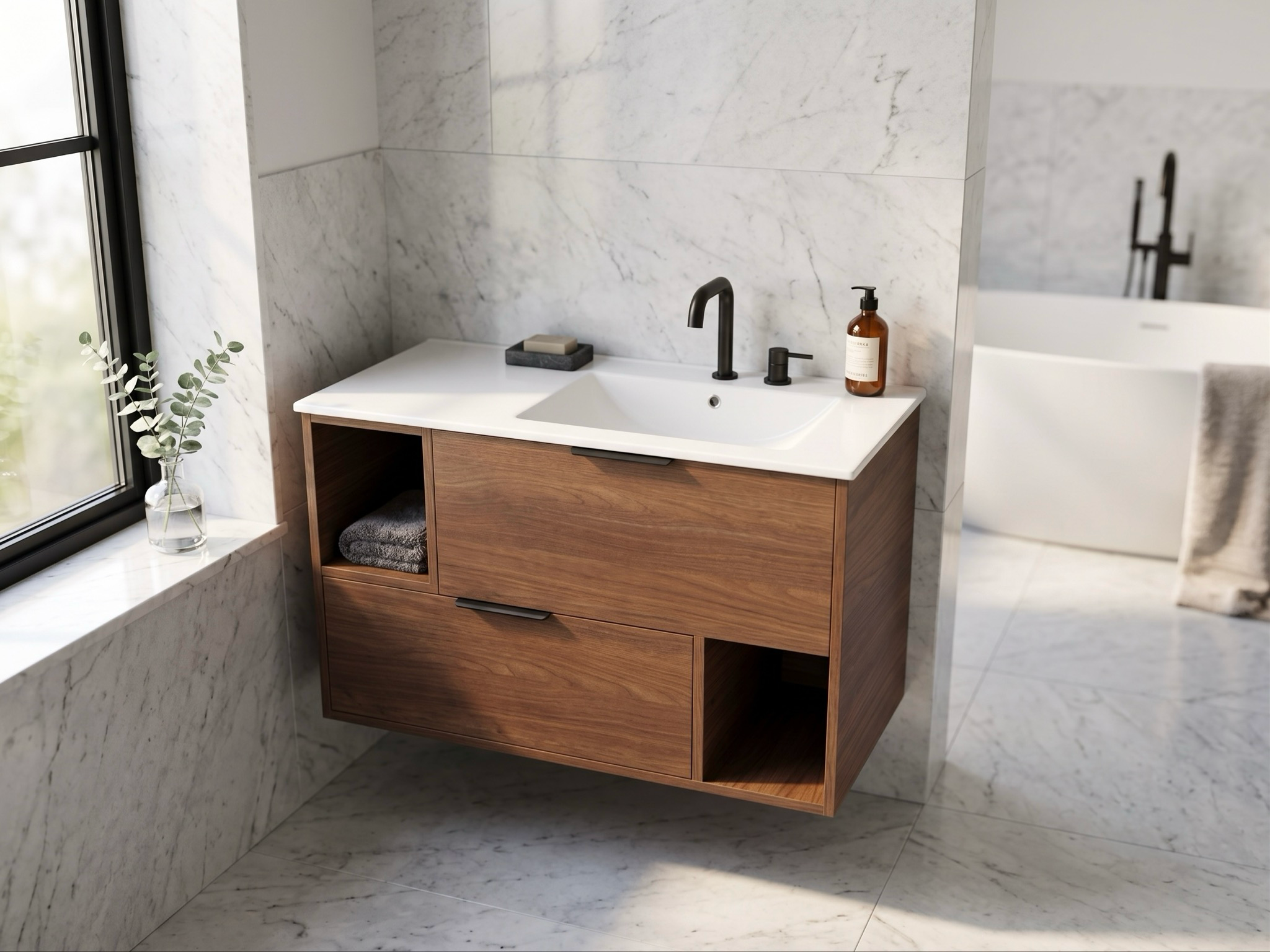 Meuble de salle de bains Spazio 100 cm à deux tiroirs et niches (sans vasque) - vue 4