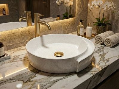 White granite basin, Bol à poser Arobase 40 cm, with gold faucet on marble countertop.