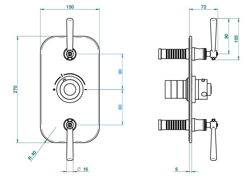 Set de finition THG pour douche thermostatique à encastrer avec deux robinets d'arrêt à 2 fonctions - Collection "Beaubourg à manettes" — vue 4