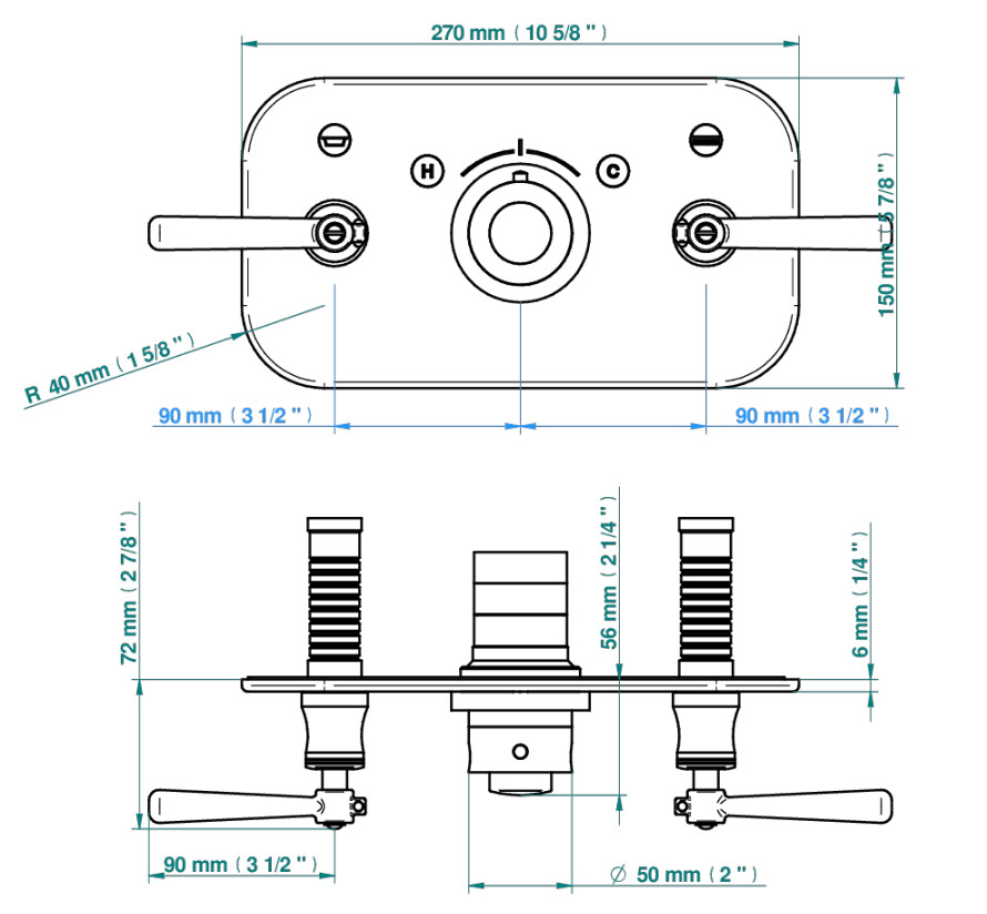 Set de finition THG pour douche thermostatique à encastrer avec deux robinets d'arrêt pour installation horizontale à 2 fonctions - Collection "Beaubourg à manettes" — vue 4