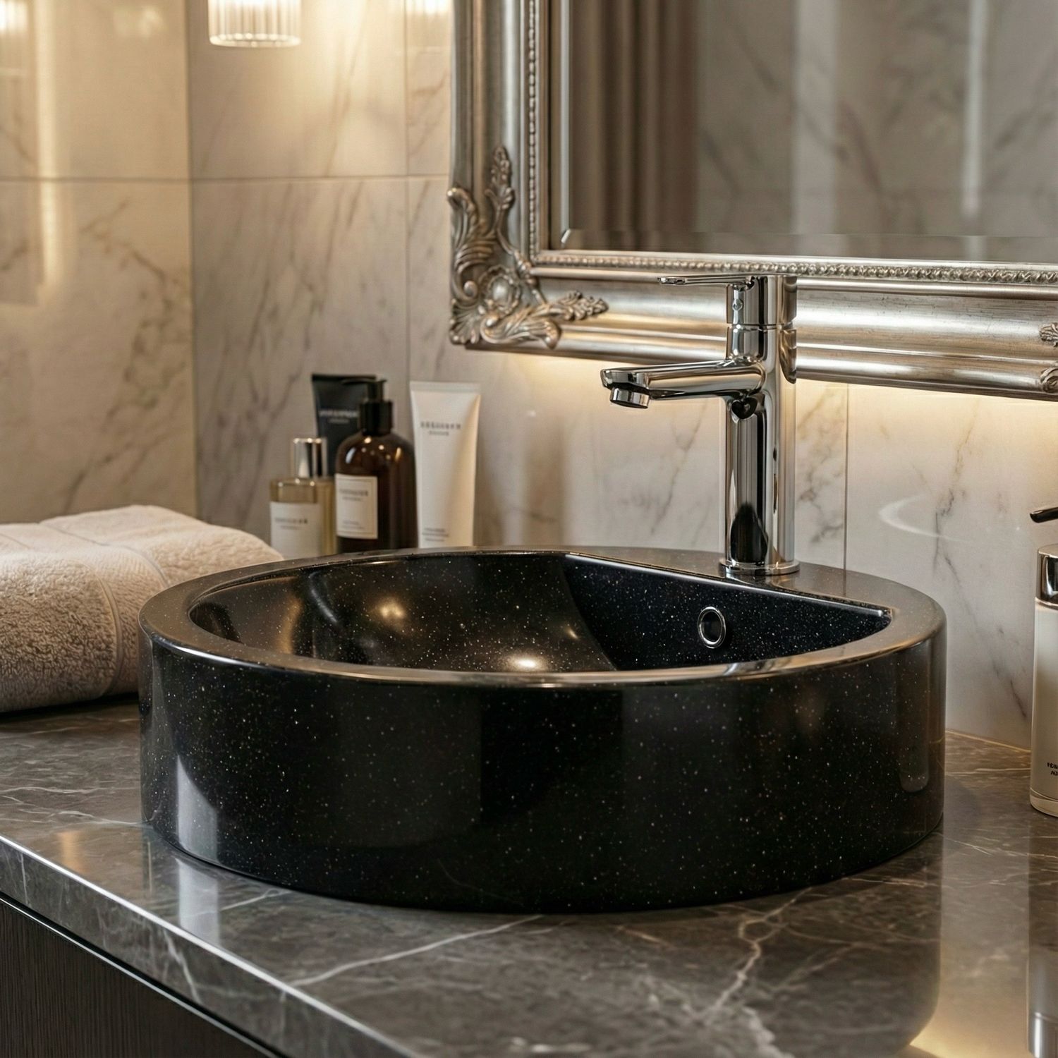 Lavabo en granit noir, Bol à poser Tempo 47 cm, accessoire de salle de bain moderne au design élégant.