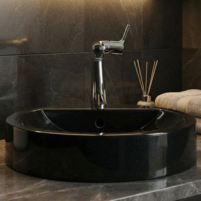 Bol à poser Tempo 47 cm granité noir Lavabo en granit noir, Bol à poser Tempo 47 cm, design moderne, effet marbre, grand bassin rond.