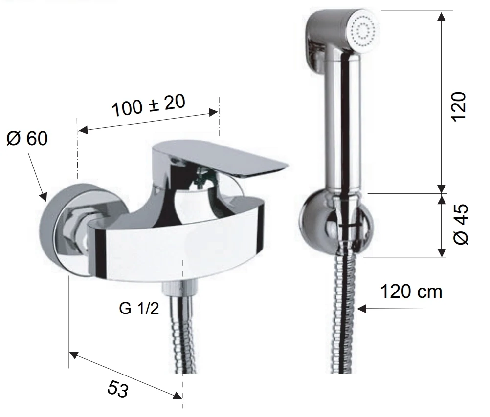 Hygienic WC set with exposed mixer Remer Infinity in chrome-plated brass