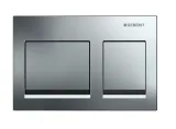 Plaque de commande Geberit Alpha25 carrée chromée, double bouton, finition brillante, forme rectangulaire.