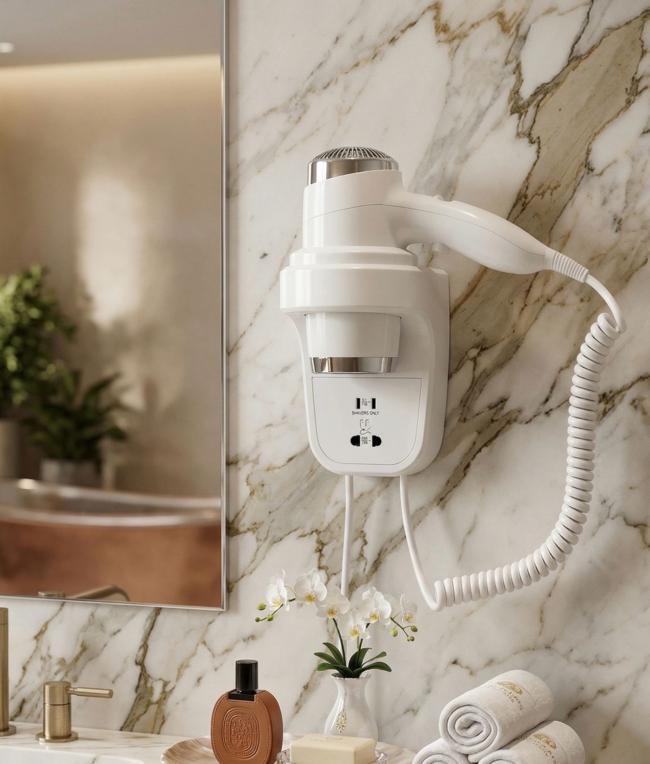 Wall-mounted hairdryer with electric razor socket Nofer Hotel Line in white