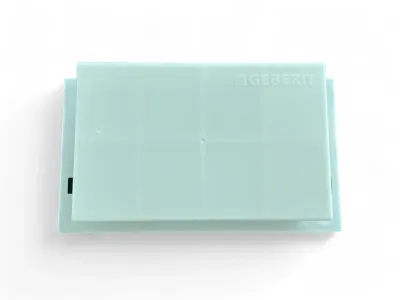 Plaque de commande Geberit Alpha 8cm, bleu clair, rectangulaire, avec logo en relief sur la surface supérieure.