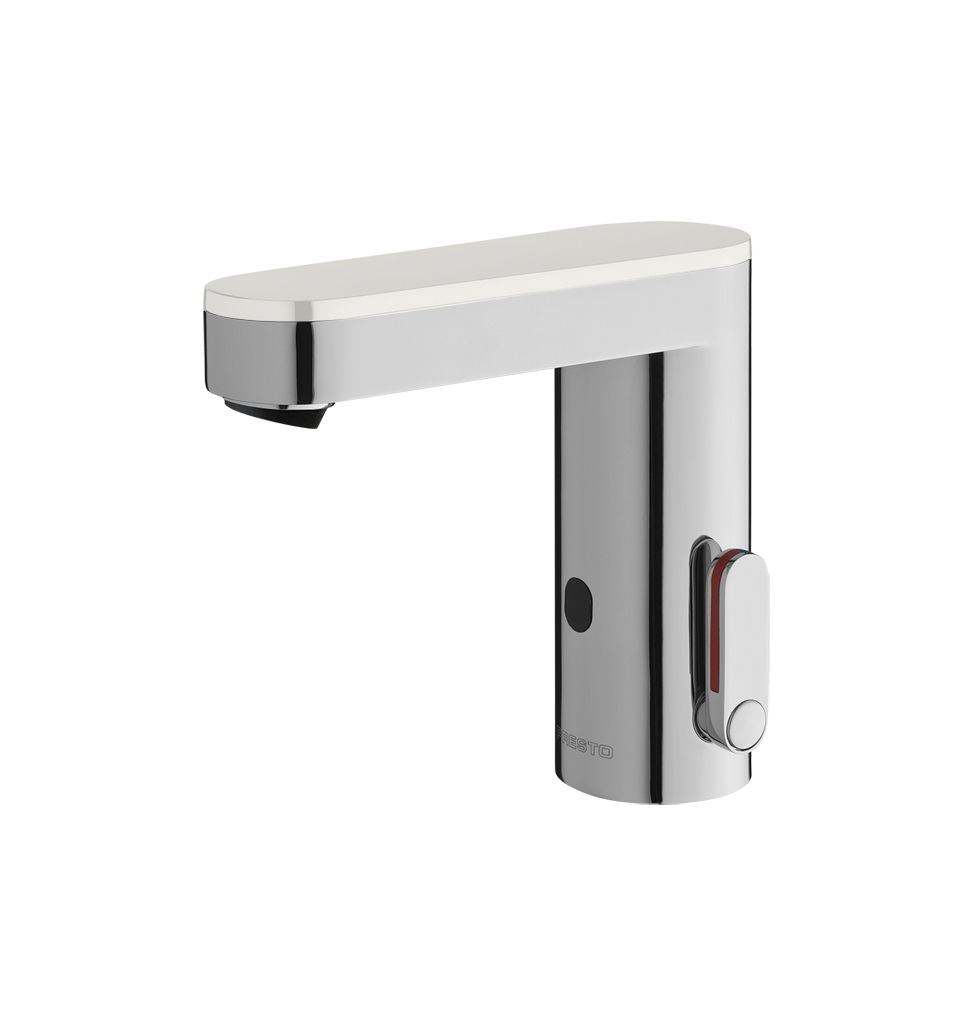 Mitigeur de lavabo électronique Presto So'o chromé avec capot blanc, pile et robinet d'arrêt