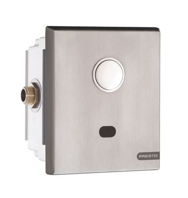 Plaque de commande Presto 7200 XL en métal brossé avec bouton et capteur pour toilettes murales.