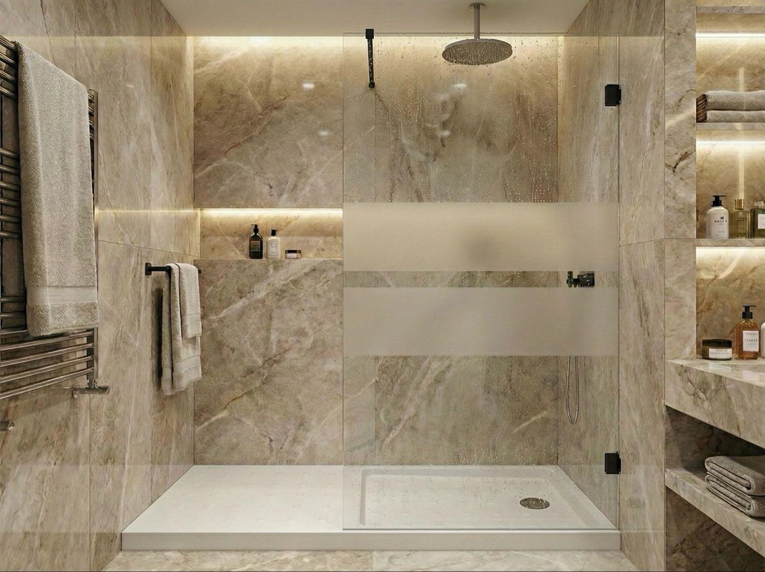 Paroi de douche Innovativ en verre trempé (Securit) d'épaisseur 8 mm avec pinces et barre raidisseur noires