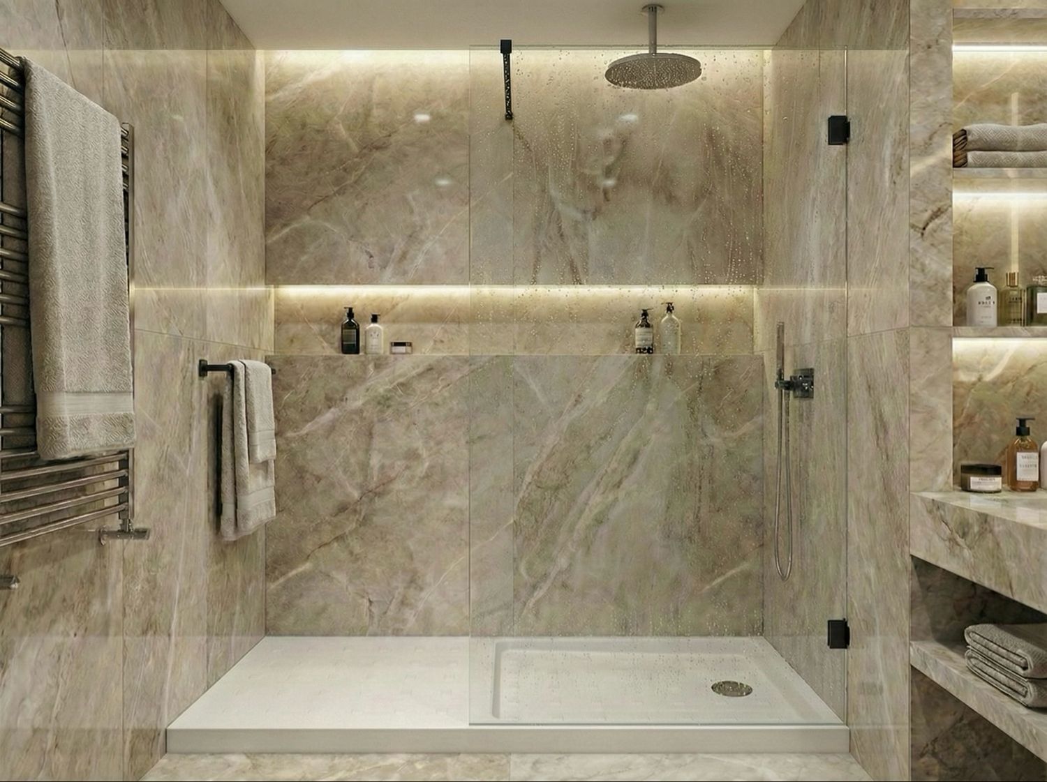 Paroi de douche Innovativ en verre trempé (Securit) d'épaisseur 8 mm avec pinces et barre raidisseur noires