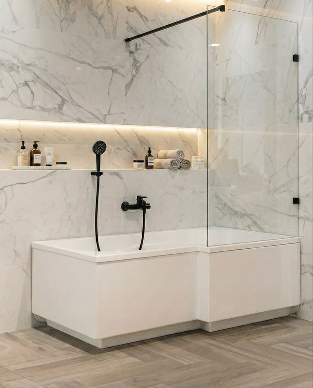 Paroi de baignoire Innovativ en verre trempé (Securit) d’une épaisseur de 8 mm avec pinces et barre de renfort noires