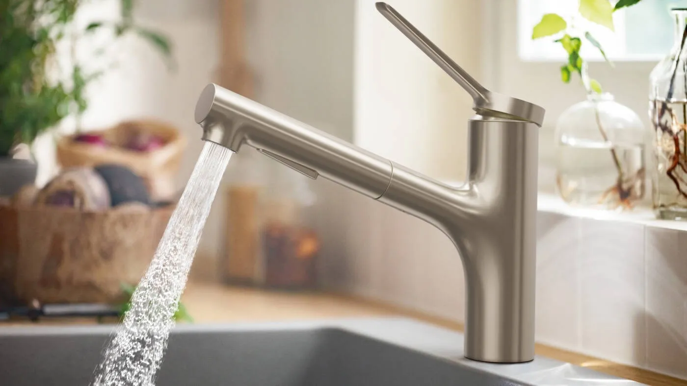 Mitigeur de cuisine Hansgrohe Zesis M33 150 avec douchette extractible 2 jets en acier inoxydable brossé