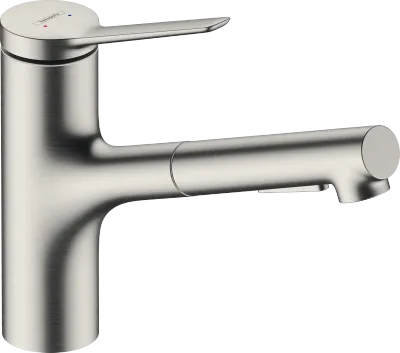 Mitigeur de cuisine Hansgrohe Zesis M33 150 avec douchette extractible et 2 jets et sBox intégré en acier inoxydable brossé