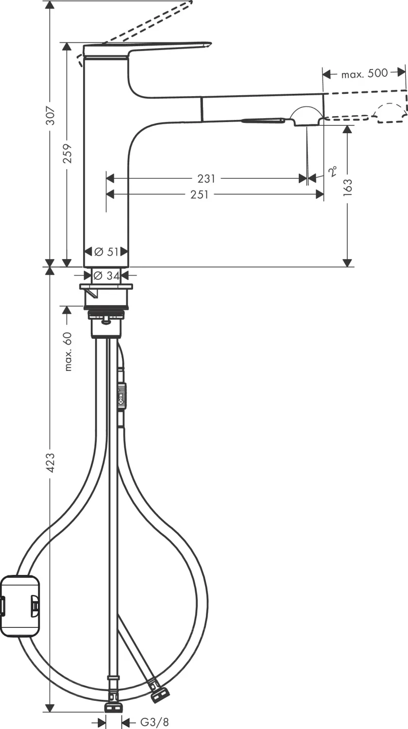 Mitigeur de cuisine Hansgrohe Zesis M33 160 avec douchette extractible et 2 jets en acier inoxydable brossé