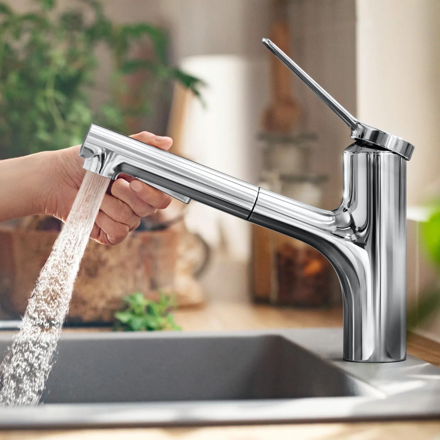 Mitigeur de cuisine Hansgrohe Zesis M33 150 avec douchette extractible 2 jets et sBox intégré finition chromée — vue 3
