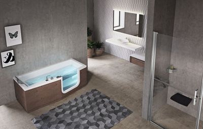 Bathtub Novel Iris 170 x 80 cm with right-hand door, Burlington panels, and integrated faucets