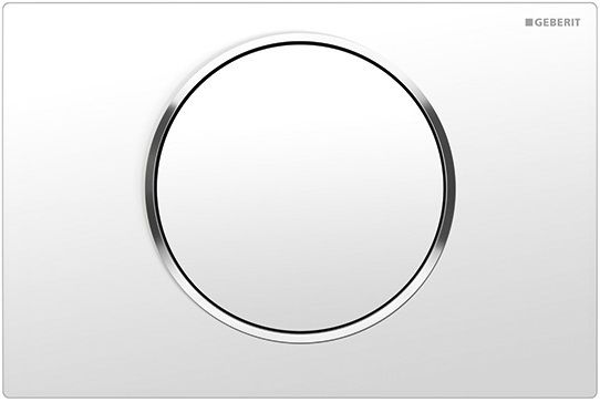 Plaque de déclenchement Geberit Sigma10 en acier inoxydable / Blanc mat - anneau design chromé / Revêtement Easy Clean + Anti-Traces de doigt