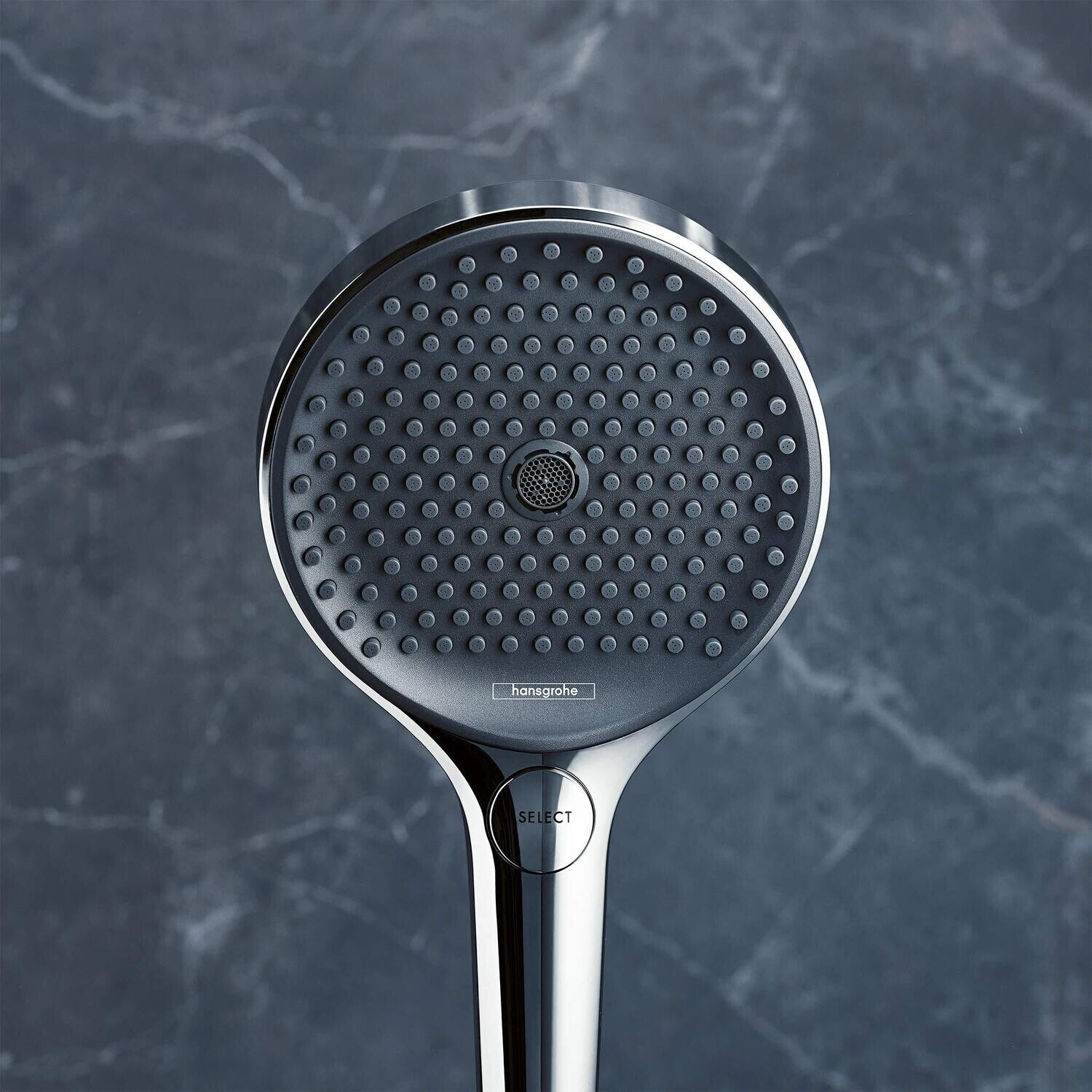 Barre de douche Hansgrohe avec douchette à main Rainfinity 130 3 jets , flexible Isiflex et porte savon étagère Casetta E
