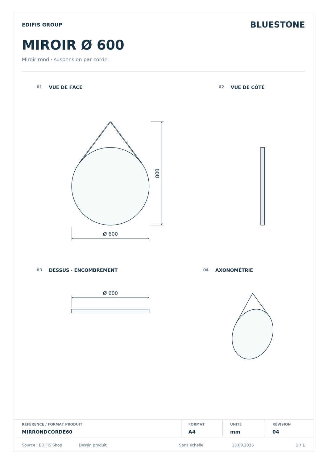 Miroir rond de salle de bains Ø60 cm avec corde — vue 2
