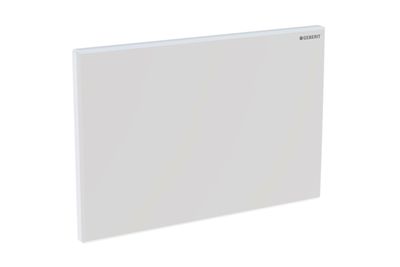 Plaque de fermeture blanche Geberit Sigma, rectangulaire, surface lisse, logo Geberit dans le coin supérieur droit.