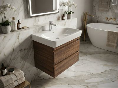 Meuble vasque de salle de bains Geberit Smyle 60cm en bois à deux tiroirs avec lavabo blanc et robinet argenté moderne.