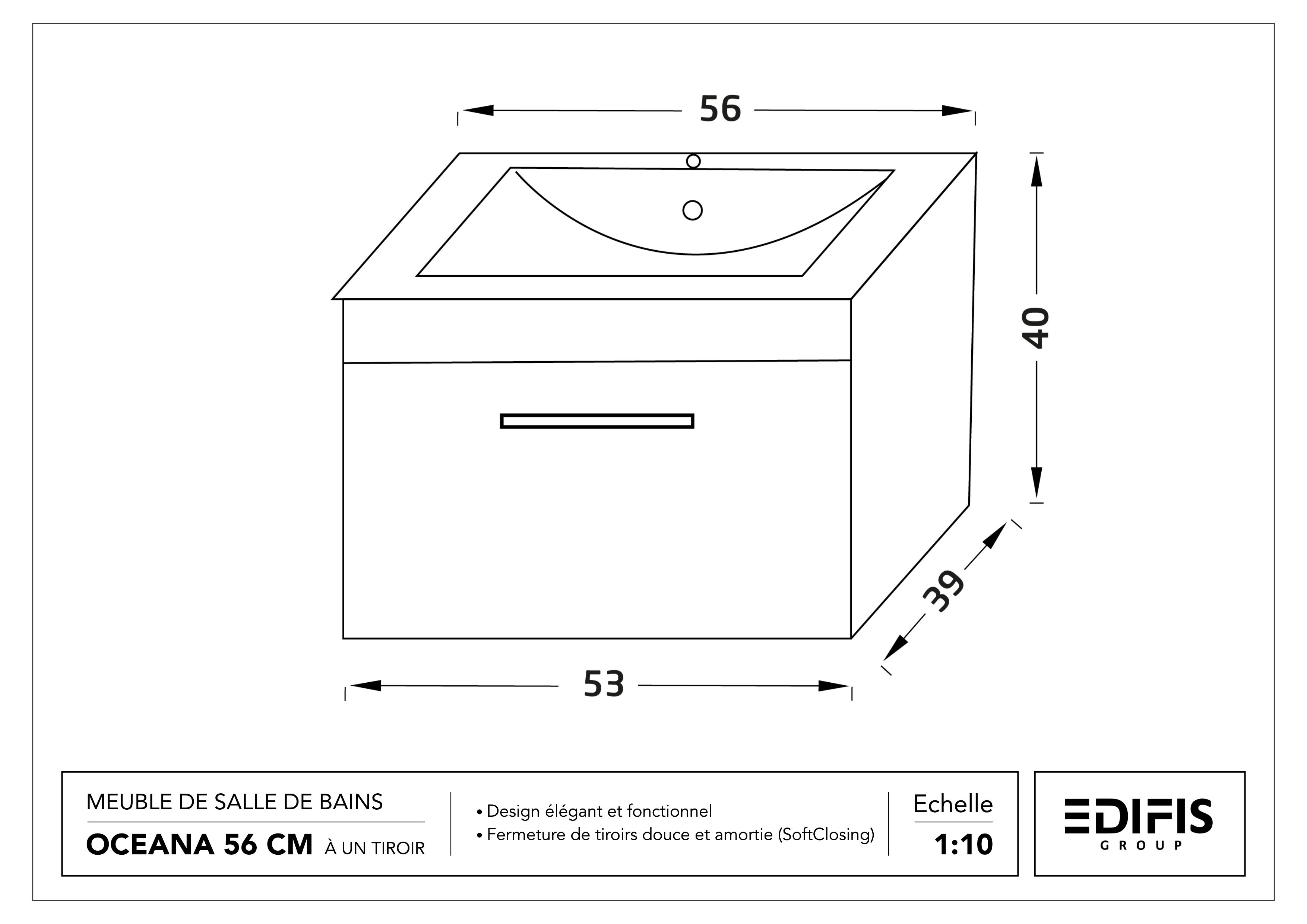 Meuble de salle de bains Oceana 56 cm à un tiroir (sans vasque) - vue 16