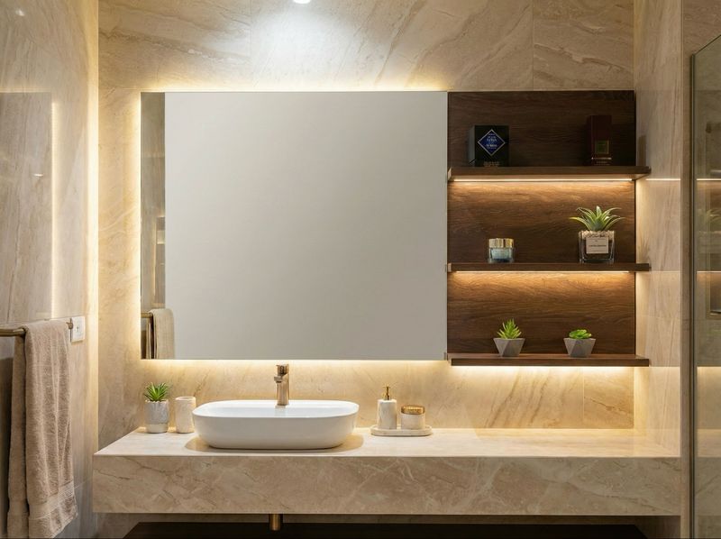 Miroir de salle de bains 120 × 70 cm avec étagères - Bois MDF