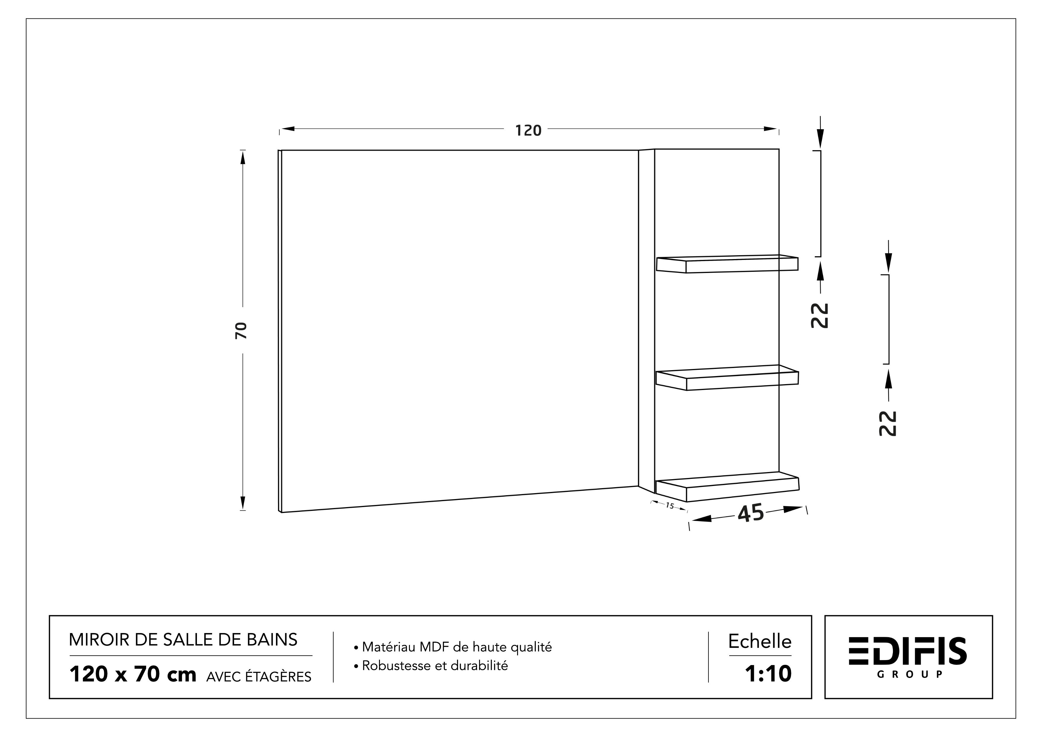 Miroir de salle de bains 120 x 70 cm avec étagères - Bois MDF - vue 3