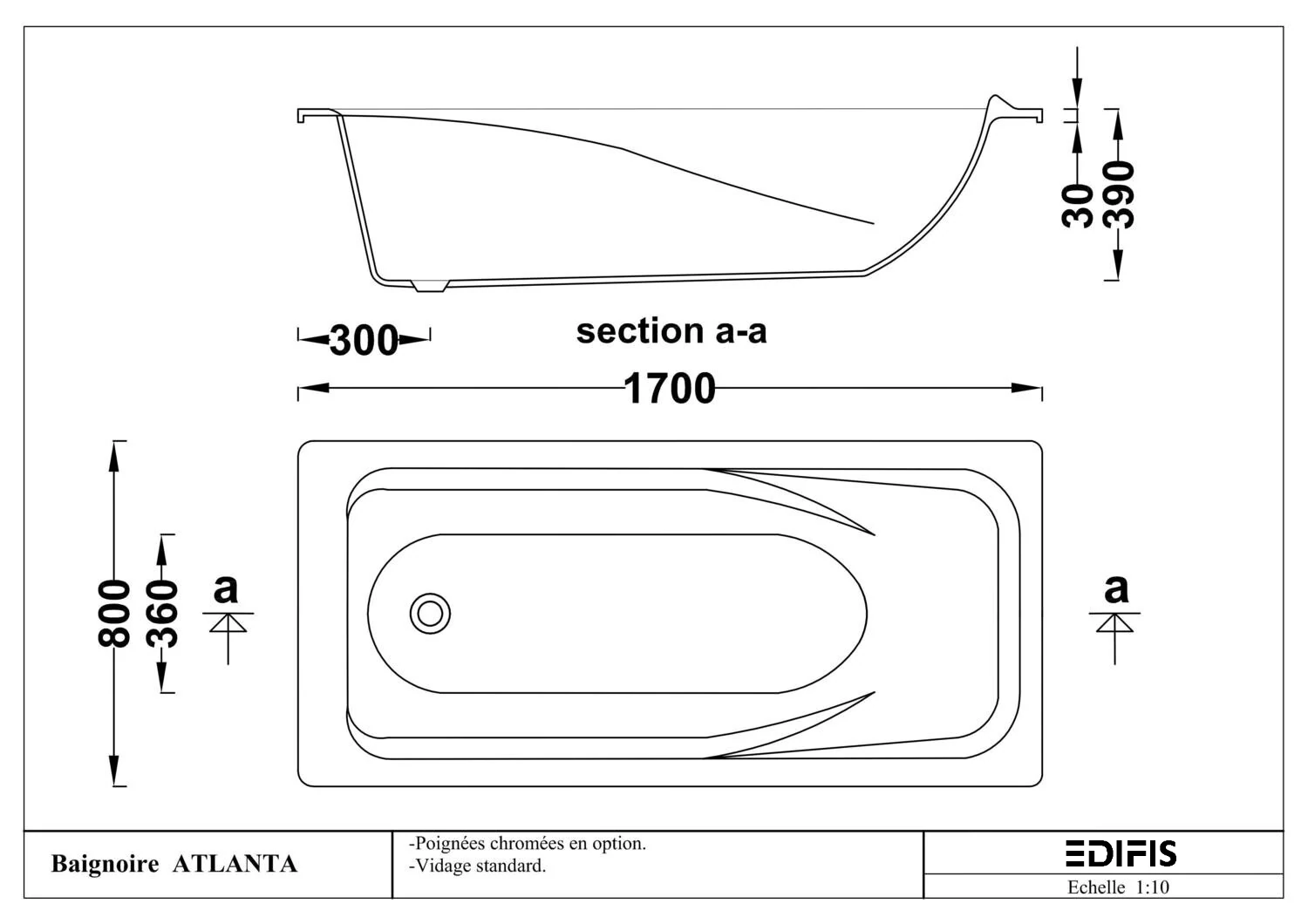Baignoire Atlanta 170 x 80 cm - vue 3