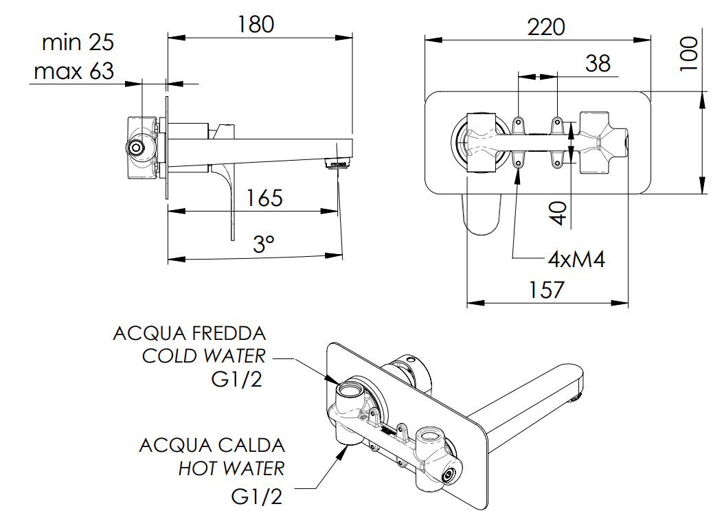 Mitigeur de lavabo encastré Remer Classline en laiton chromé (bec 18 cm)
