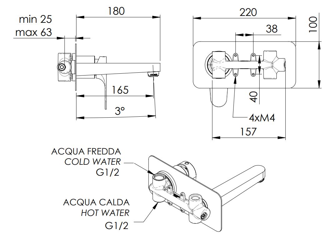 Mitigeur de lavabo encastré Remer Classline en laiton chromé (bec 18 cm)