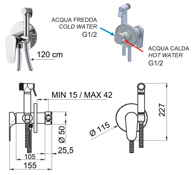 Hygienic WC Set with Built-in Mixer Remer Classline in Chrome-Plated Brass