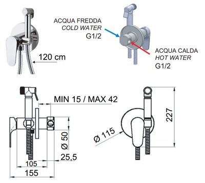 Hygienic WC Set with Built-in Mixer Remer Classline in Chrome-Plated Brass