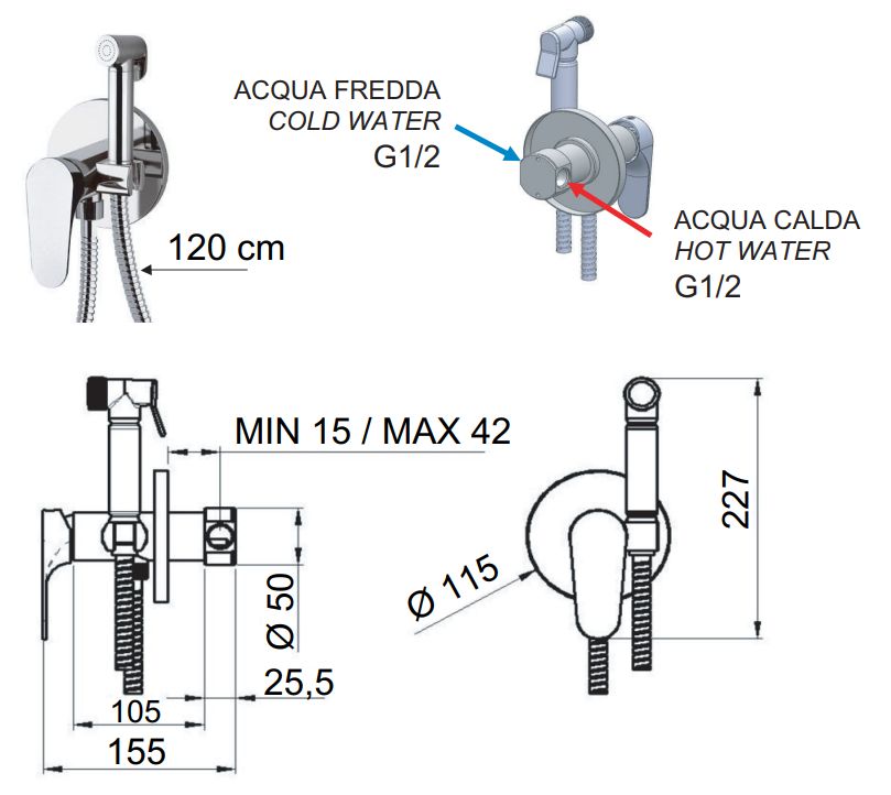 Hygienic WC Set with Built-in Mixer Remer Classline in Chrome-Plated Brass