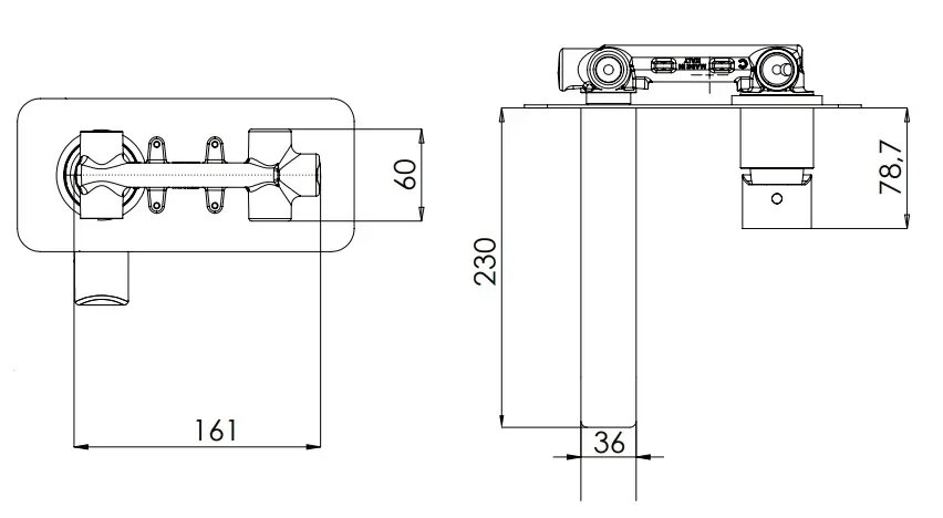 Mitigeur de lavabo encastré avec plaque horizontale Remer Energy en laiton chromé (bec 23 cm) — vue 3