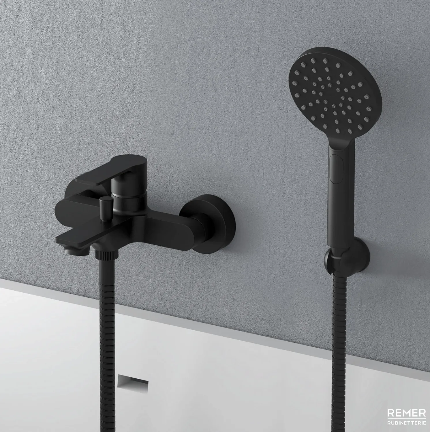 Mitigeur de bain / douche apparent Remer Energy avec flexible, douchette 4 jets et support articulé en laiton noir mat — vue 2