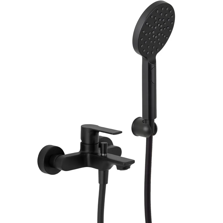 Exposed bath/shower mixer Remer Energy with hose, 4-jet hand shower, and articulated matte black brass holder
